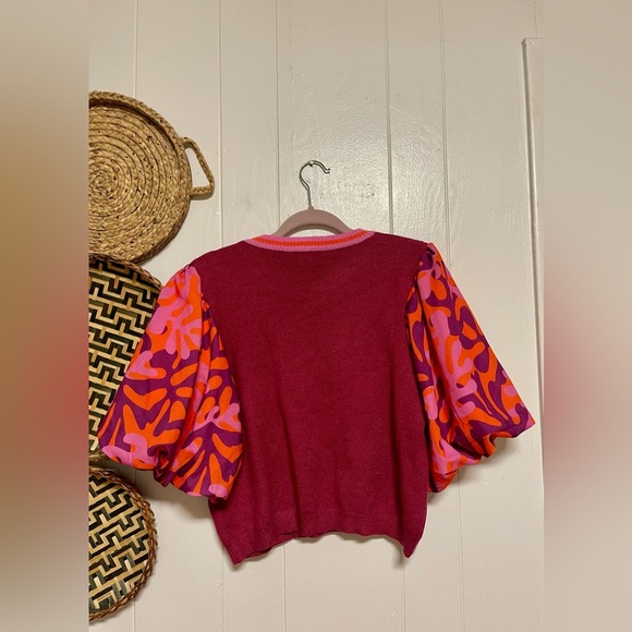 THML Burgundy Knit Mixed Media Top Puff Sleeves Size Large - Picture 6 of 8
